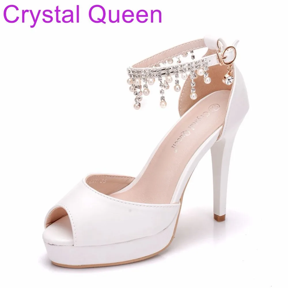 

Crystal Queen White Pumps Shoes For Women Wedding Bridal Shoes 11CM Platform Shoes Peep Toe Thin Heel Pumps Shoes