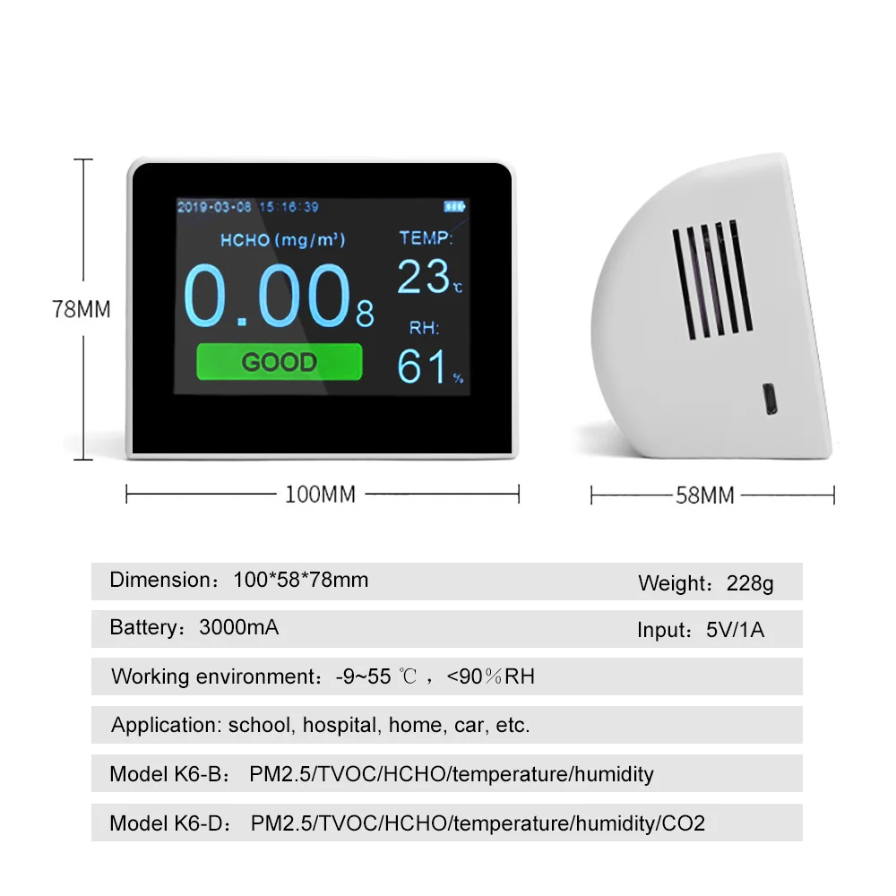 Детектор CO2 HCHO PM1.0 PM2.5 PM10 TVOC с измерителем температуры и влажности тестер