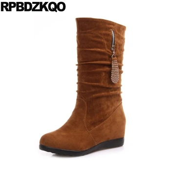 

Winter Casual Fur Slip On Round Toe Women Boots 2017 Black Embellished Mid Calf Flat Shoes Fashion Chinese Ladies Female New
