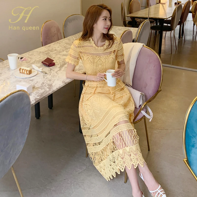 H Han queen/летнее кружевное платье трапециевидной формы с вырезами для женщин; коллекция года; длинное платье для праздников и праздников; повседневное милое однотонное платье - Цвет: Yellow