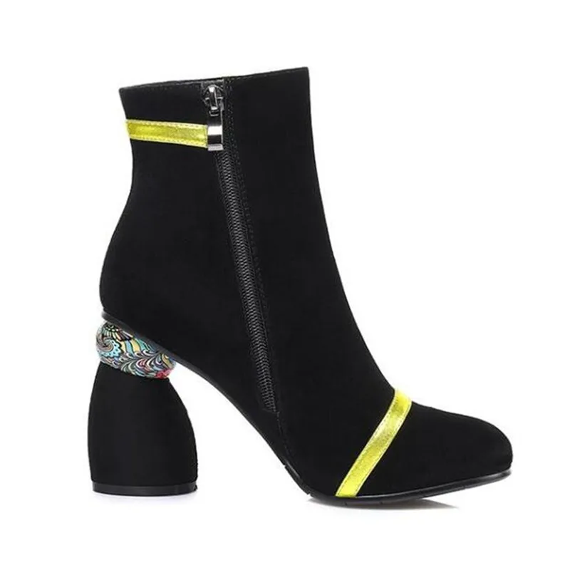 Черные замшевые женские зимние ботинки с круглым носком; bottine femme; обувь на высоком квадратном каблуке; Модные женские ботильоны; botines mujer