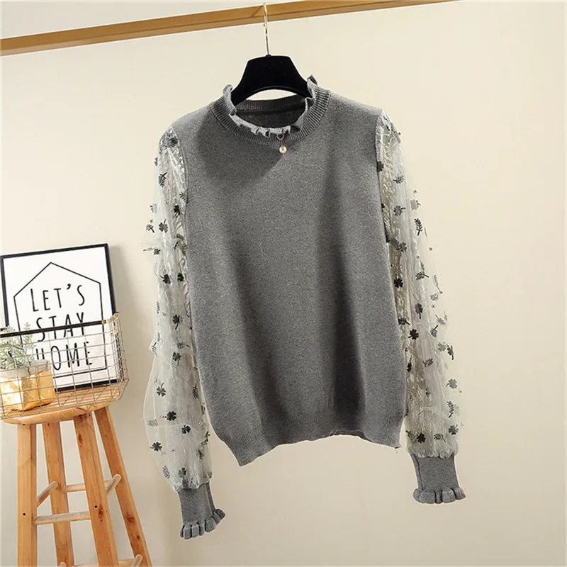 LUOSHA, женский осенний зимний свитер и пуловеры, водолазка, сетка, жемчуг, бисер, пэчворк, свитер, топ, женский джемпер, Pull Femme - Цвет: gray