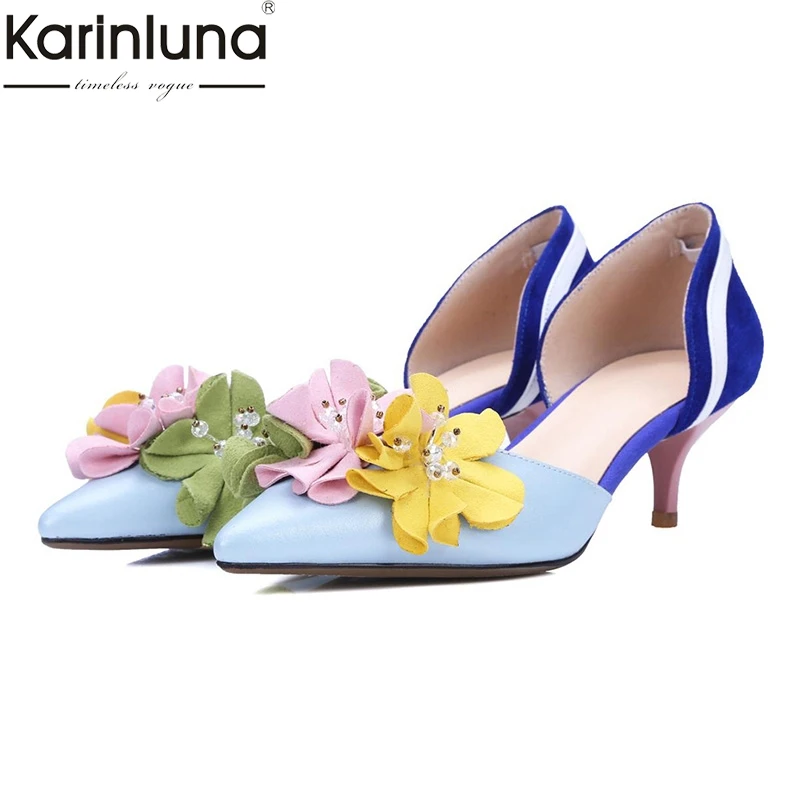 

Karinluna Sexy Genuine Leather Cow Leather Cow Suede Woman Shoes Party Pointed Toe Flower Thin Heels Shoes Women Pumps