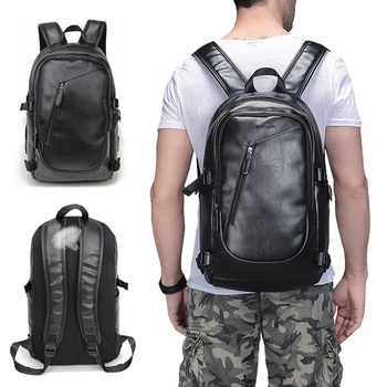 

New 28*18*48cm Men Casual Solid Black PU Backpacks Male's Fashion Large Capacity Zippers School Bags Traveling Bags 8G0414