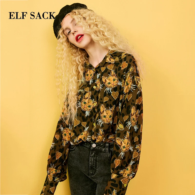 Meilleur ELF SAC Nouveau Plein Femme Chemise Turn down Col En Mousseline de Soie Femme Chemisier Occasionnel D impression de Chat Femme Chemisier Coréen Lâche femelle Chemises Top