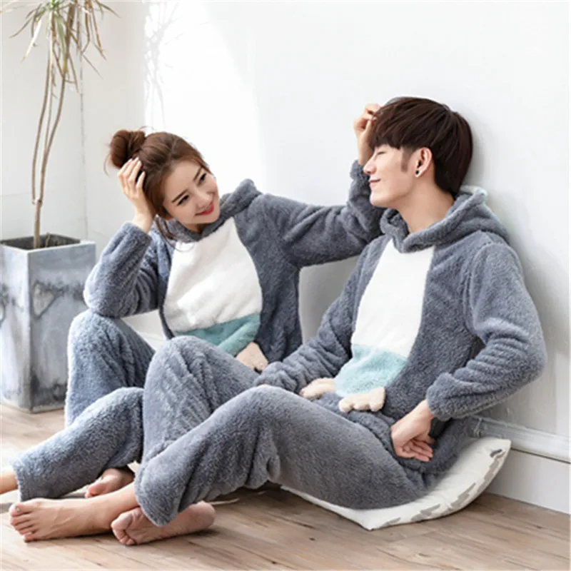 

JINUO New Arrival Winter Young Couples Coral Fleece Thicken Pajama Sets Lovers Cartoon Penguin Warm Soft Home Wear Sleepwear