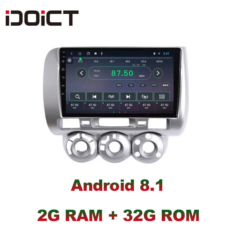 IDOICT Android 8,1 ips 2G+ 32G Автомобильный dvd-плеер gps навигация Мультимедиа для Honda Fit Jazz Радио 2004-2007 стерео