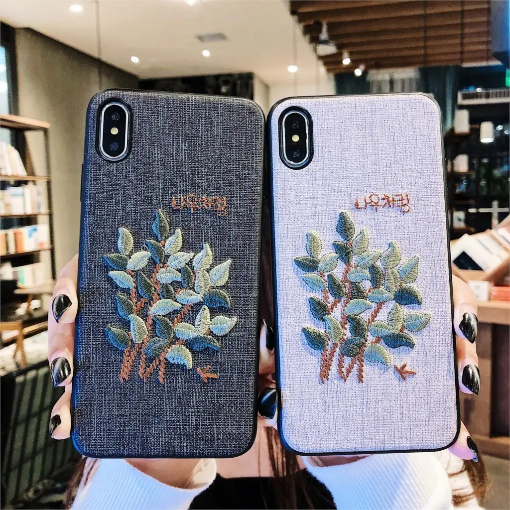 

Embroidery flower tree Phone Case for iPhone 6 6S 8 7 Plus Case fresh Couple tree Back Cover for iPhone X XS Max XR Cases