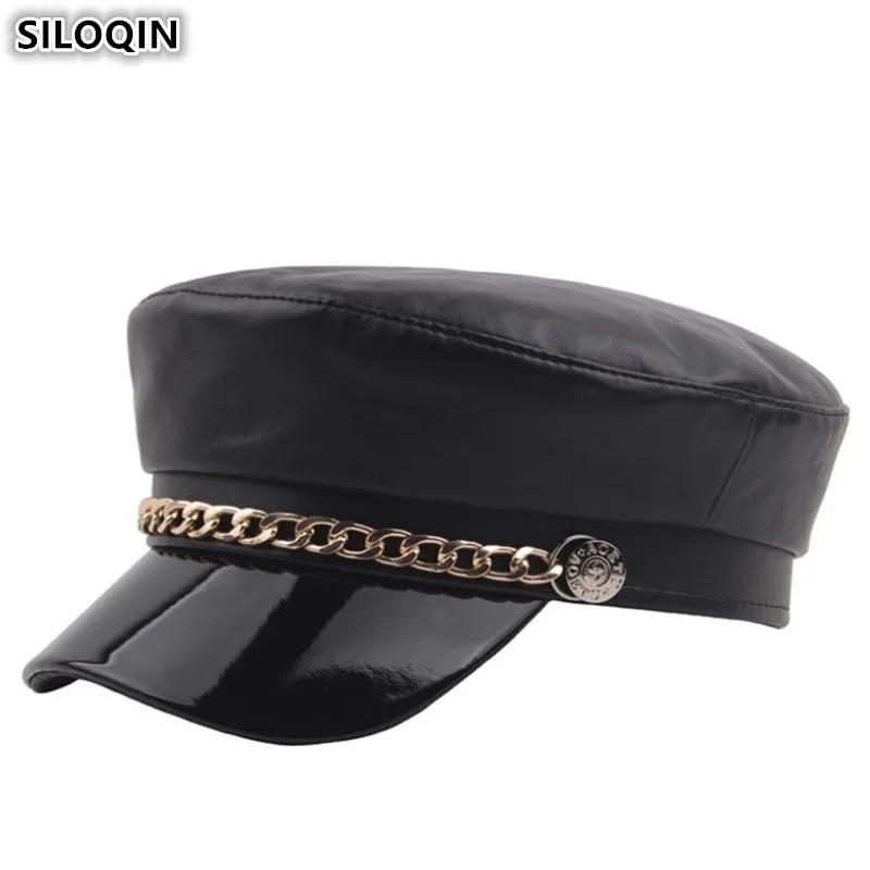 

SILOQIN Adult Women's Elegant Flat Cap PU Leather Army Military Hats For Women New Winter Warm Tongue Caps Snapback Lady's Hat
