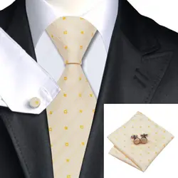 Для мужчин s Галстук бежевый желтый новинка галстук Ханки Запонки Набор Бизнес Свадебная вечеринка галстук для Для мужчин комплект C-1041
