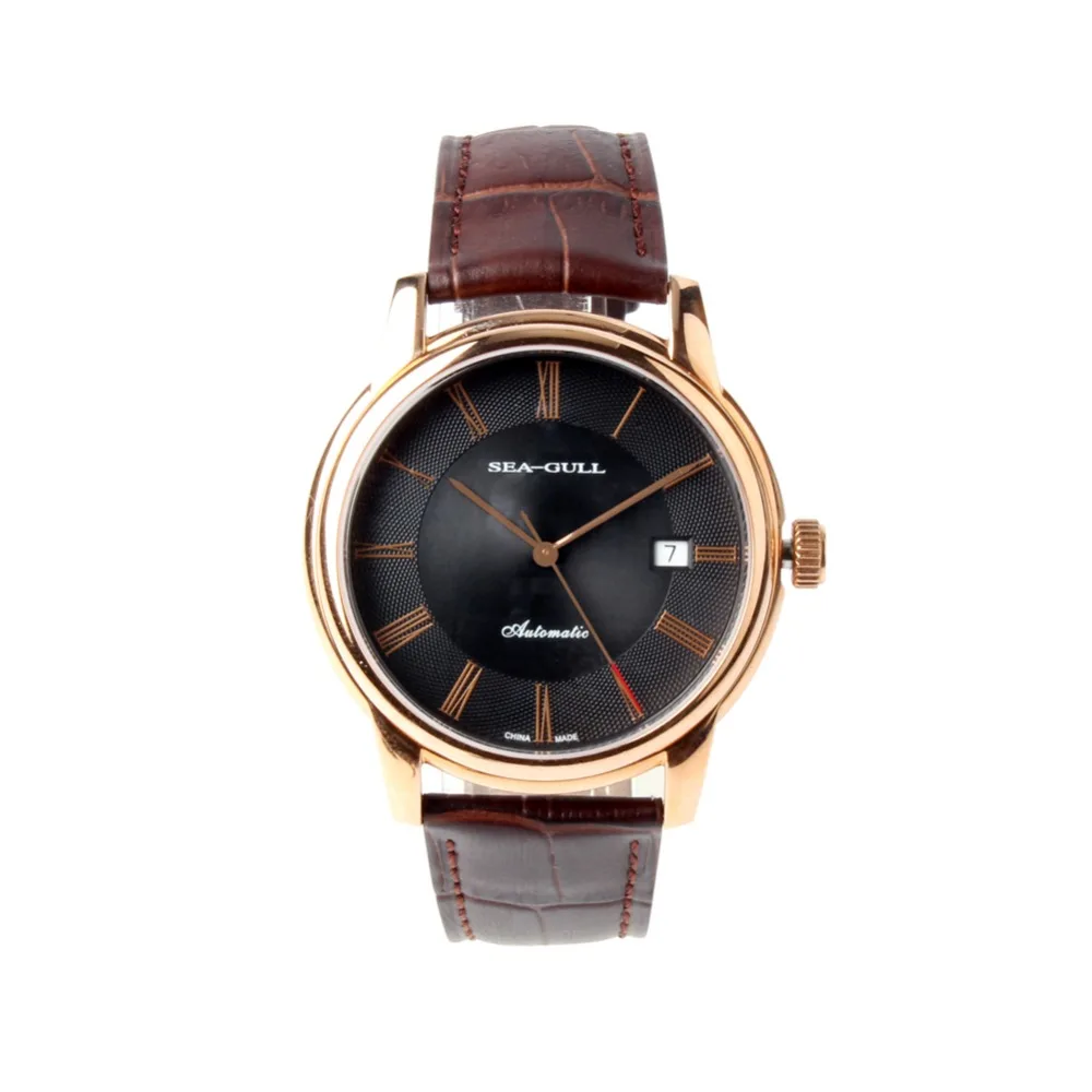 

Seagull Genuine Leather Band Gold Tone Black Dial 3 Hands Guilloche Automatic Men's Watch Sea-gull D519.405 relogio masculino