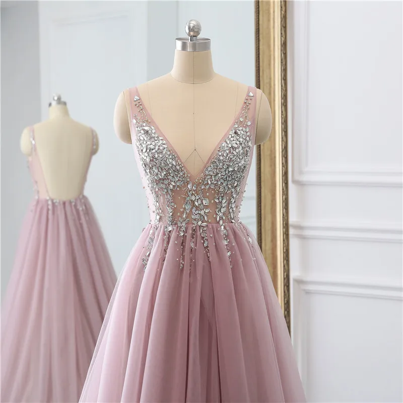 pink prom dress HONGFUYU Sexy High Slit Sleeveless Long Prom Dresses 2020 Backless A Line Beading Floor Length Sequined Prom Dress HFY102301 sage green prom dress