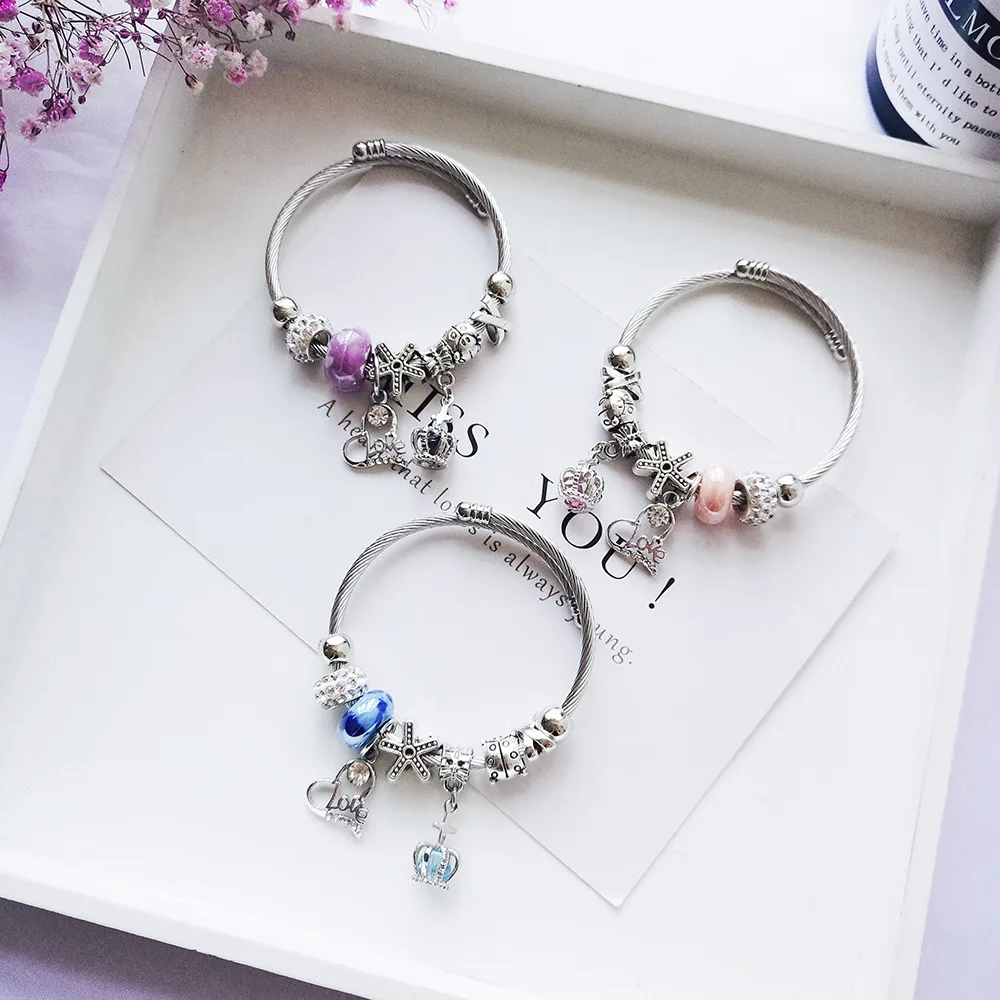 Bohemian Crown Heart Bunny Charm Stainless Steel Bracelets & Bangles for Women Beads Handmade Charm Bracelet Boho Jewelry B47