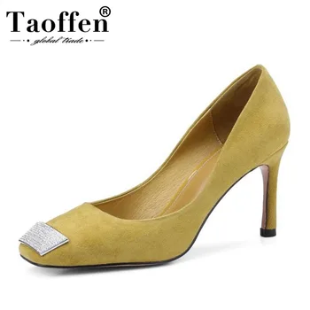 

Taoffen New Real Leather Square Toe Office Ladies Pumps Bling Thin Heels Party Wedding Dating High Heels Shoes Women Size 34-39