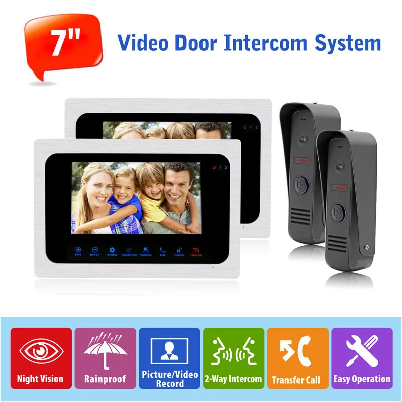 

2v2 High Quality Russian/English Touch Color Monitor 7" Wired Video Doorphone Intercom System Monitoring Recording Indoor Unlock