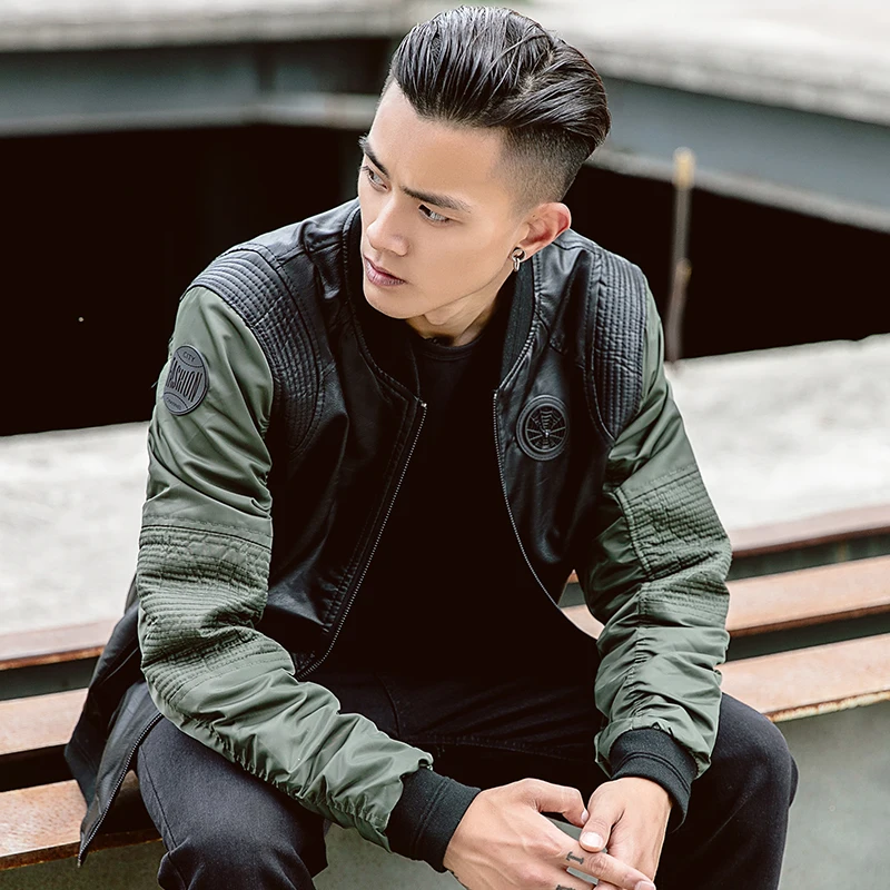 Лоскутная куртка бомбер Jaket Мужчины искусственная кожа Бейсбол jaket