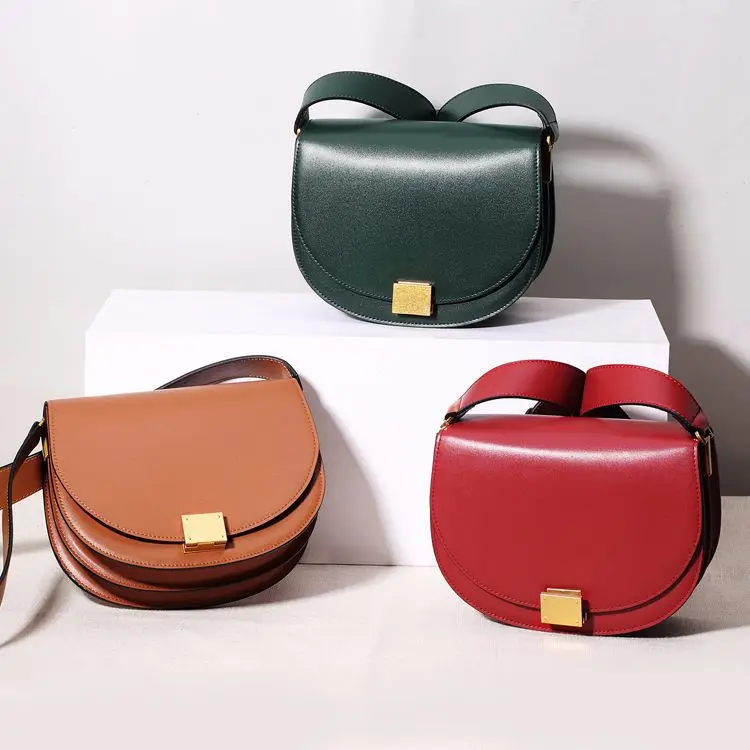 

Hot Sale Women Crossbody Bags Genuine Leather Female Saddle Bag Retro Solid Cowhide Shoulder Messenger Bag 5 Colors