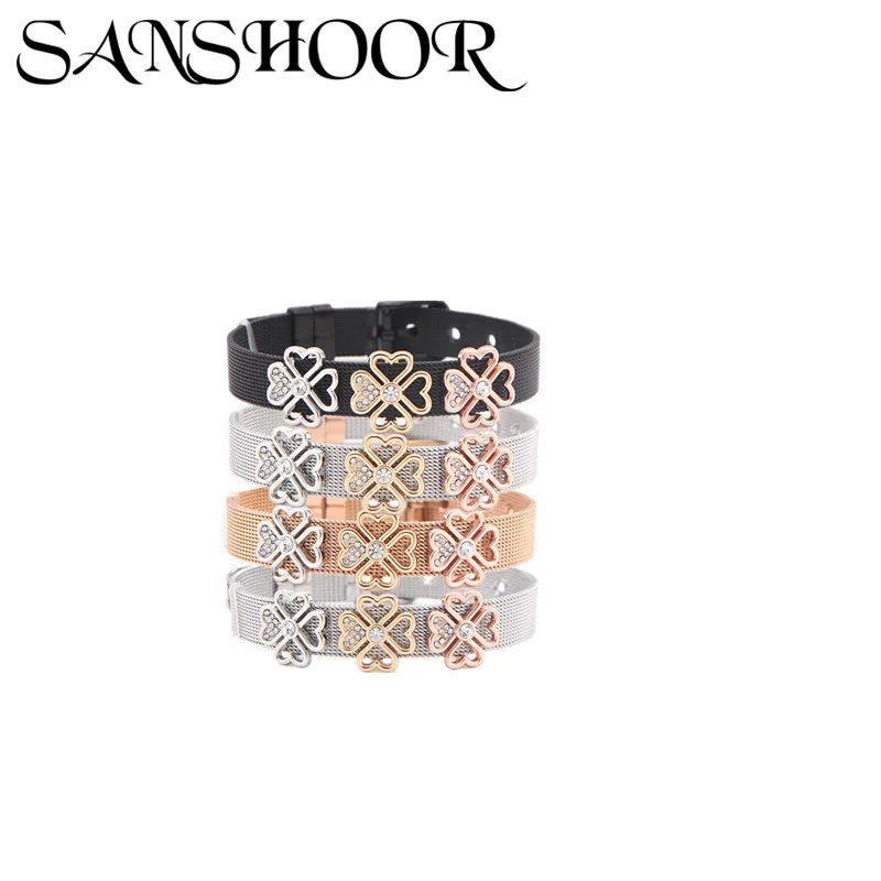 

SANSHOOR Fashion Design Stainless Steel Women Mesh Bracelet Bangle with Crystal Heart Slides Charms As the Fine Popular Bangle