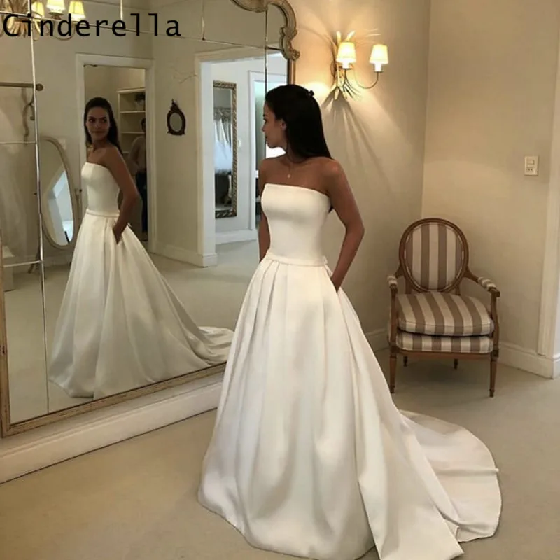 

Cinderella Strapless Sleeveless A-Line Short Train Zipper Back Satin Wedding Dresses Hand Made Bow Accessory Ivory Bride Gown