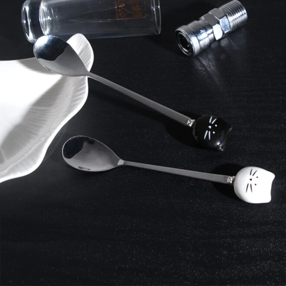 Нержавеющая сталь, милая ложка с фигуркой котика белая черная кошечка керамическая ручка чайная ложка десертные кофейные ложки для напитков посуда, кухонная утварь