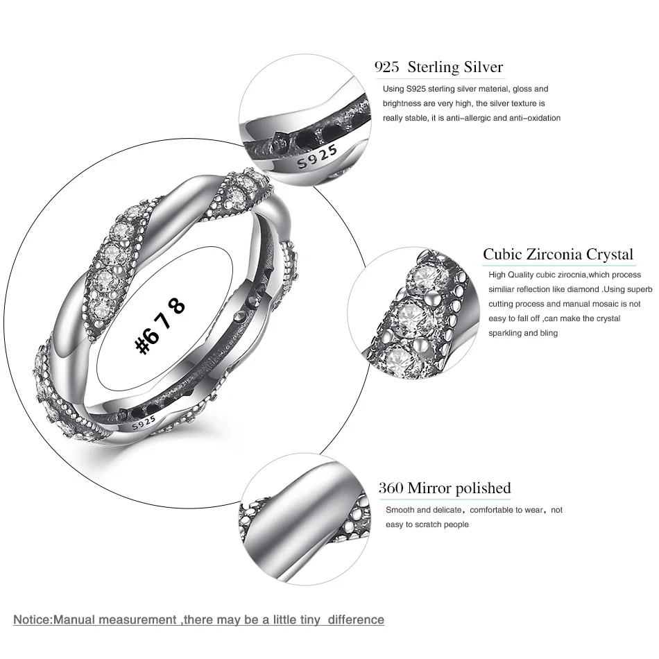 ELESHE Luxury Cubic Zirconia Crystal Ring 925 Sterling Silver Ring Twist Rhinestones Wedding Ring for Women Jewelry bague femme