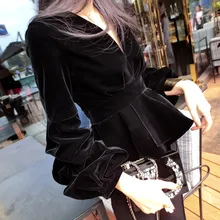 Весенне-осенняя модная бархатная туника с оборками и пышными рукавами, базовое пальто, женские элегантные куртки на молнии, черные женские топы большого размера