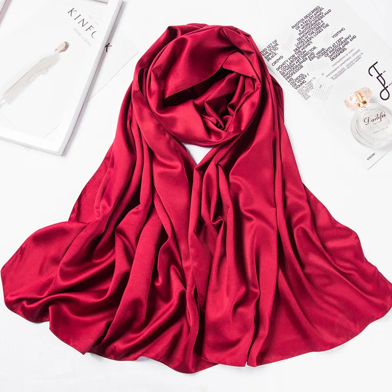 Сатиновый хиджаб шарф для женщин сплошной цвет шелк чувство платок мусульманские sjaals для женщин Исламская одежда палантин шаль
