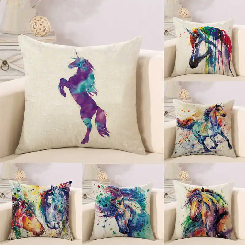 

Cotton Linen Delight Pillow Case Unicorn Oil Painting Cushion Cover Hand-Painted Drwan Pillow Cover