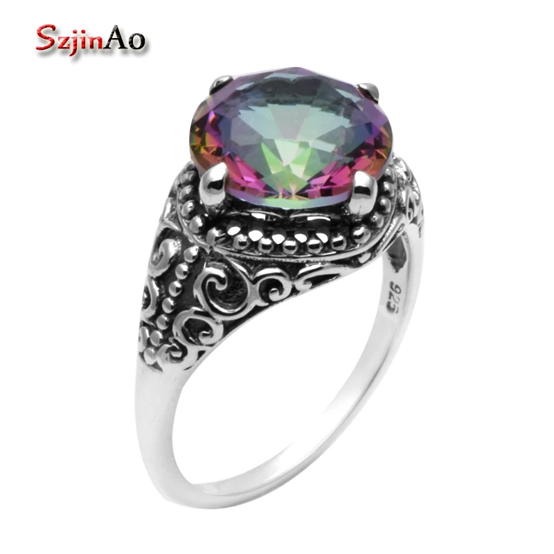 

Szjinao Fashion Jewelry Rings for Women Real 925 Sterling Silver Flowers Antique Rainbow Topaz Luxury Brand Handmade Ring