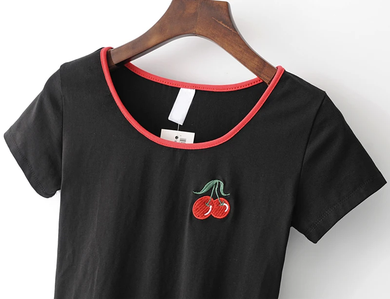Women Short Sleeve Bodysuit with Embroidery cherry