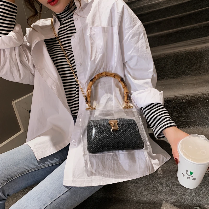 

2019 Transparent Bag For Women Handbag With Bamboo Handle Summer Small Chain Crossbody Bags Ladies Straw Beach Bags
