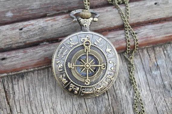 

compass bronze pocket watch pendant long necklace chain quartz mens big size vintage best friends gift Pirates of the Caribbean