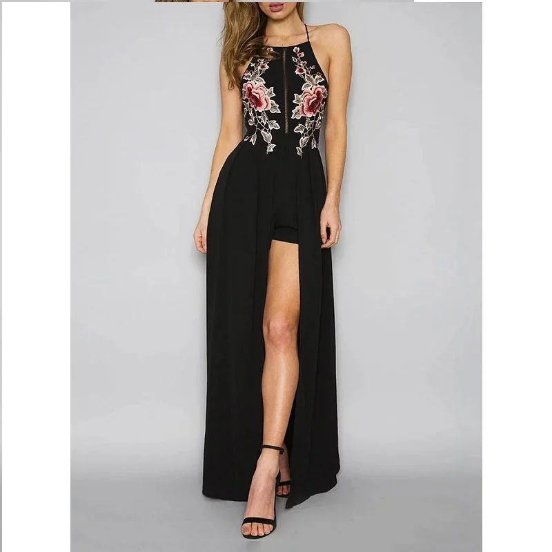 

Women's Slip Dress Backless Front Split Embroidery Sexy Style Maxi Long Dress