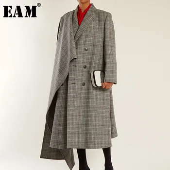 

[EAM] 2020 New Spring Autumn Lapel Long Sleeve Gray Plaid Irregular Stitching Loose Long Personality Jacket Women Coat JG626