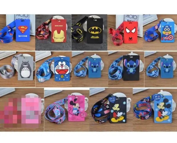 

New 1 set Cartoon mickey minnie stitch superman Lanyard Key Chains Card Holders Bank Card Neck Strap Card Bus ID Holders A1