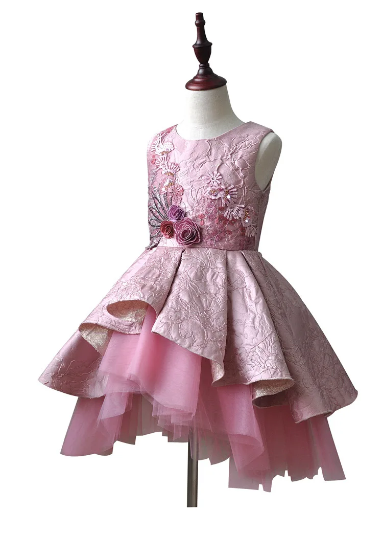 Элегантное розовое Тюлевое платье с цветочным узором для девочек; вечерние Детские платья для торжеств; платье принцессы на свадьбу; платья без рукавов для первого причастия; HW2162