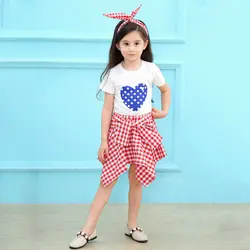 Новая детская одежда для маленьких девочек, футболка с коротким рукавом и принтом в виде сердца, эластичная клетчатая юбка, комплект из