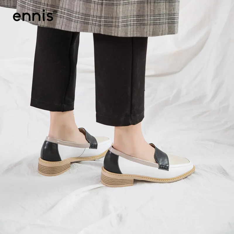 ENNIS Genuine Leather Boat Shoes Women Outdoor Casual Shoes Mixed Color Shoes Black Brown Flat Loafers Autumn Spring C9108