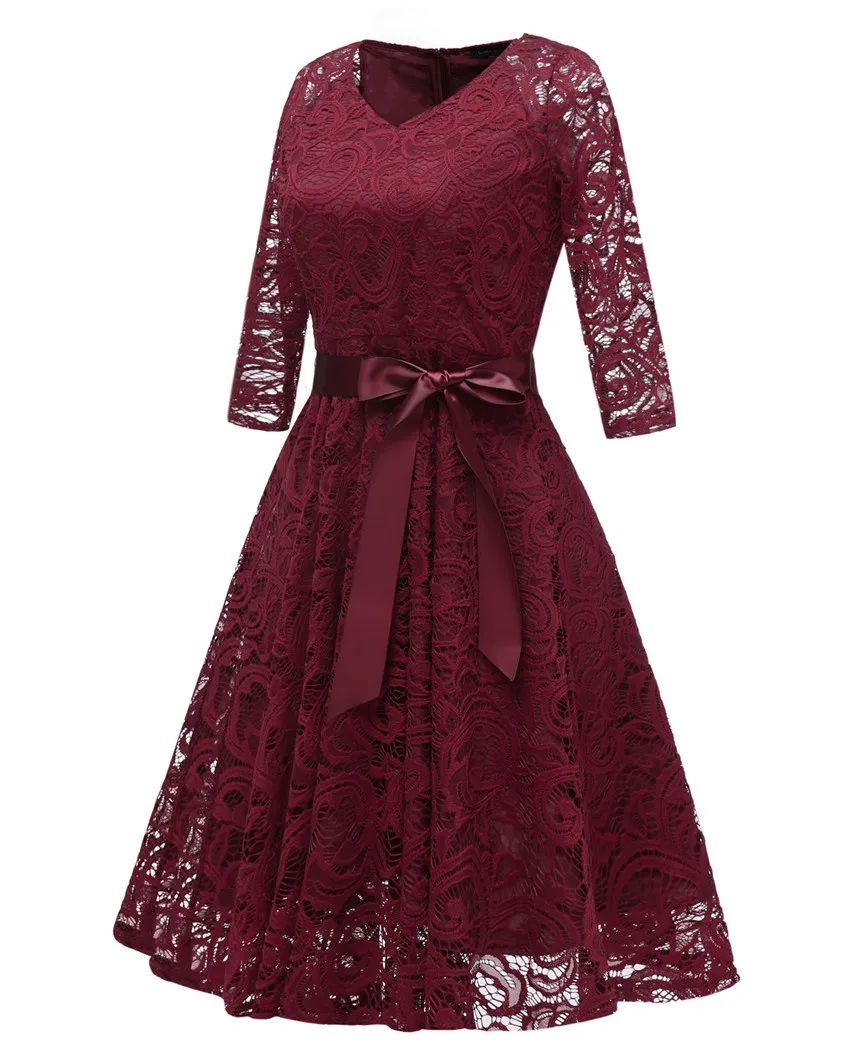 Newland ZhiMei, бургундское коктейльное платье, сексуальное, v-образный вырез, рукав три четверти, кружевное, длина до колена, женское платье, vestidos coctel