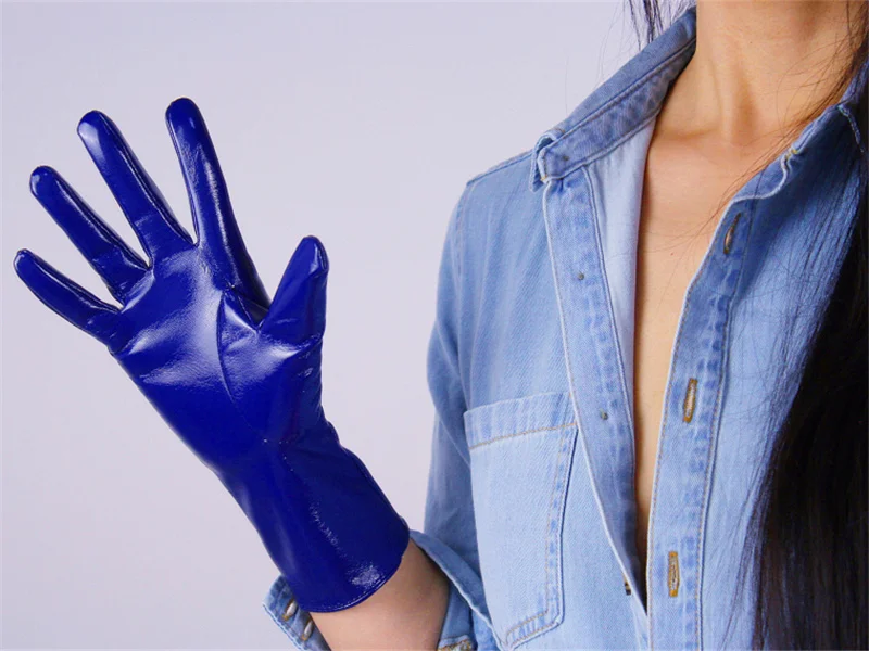 Женские лакированные кожаные перчатки короткий параграф ПУ имитация кожи Яркий кожаный зеркальный яркий синий темно-синий 21 см BL03