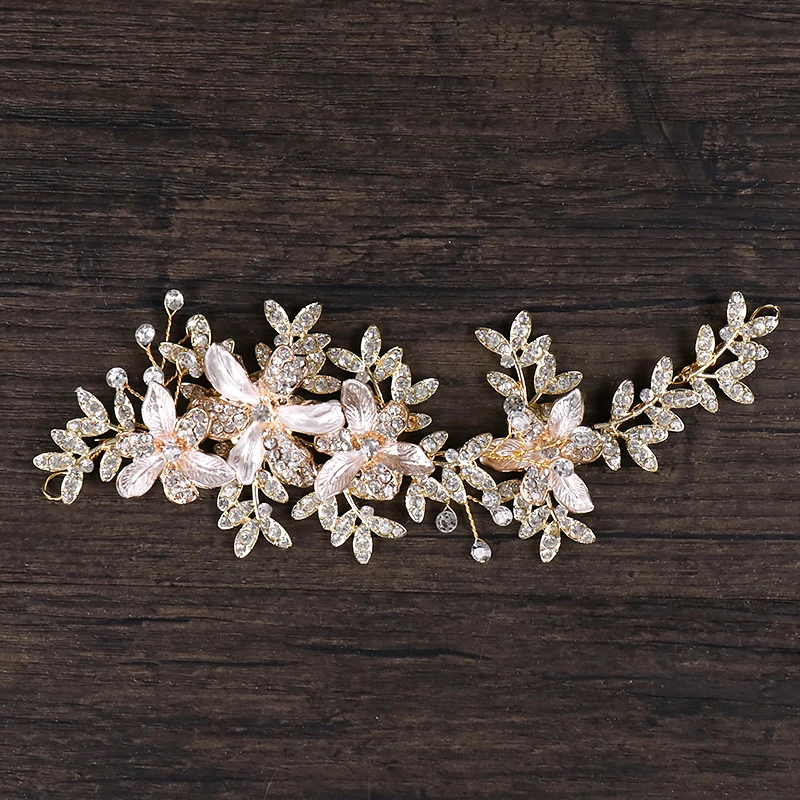 

Leaf Pattern Rhinestone Headbands Gold Color Floral Alloy Headwear Elegant Bright Bridal Hair Jewelry Wedding Hair Accessories