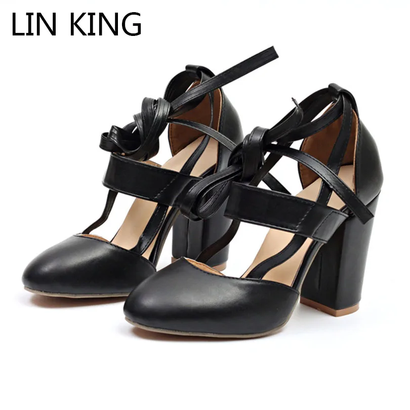 

LIN KING New Design Rome Women Pumps Retro Square Heel Ankle Strap Round Toe Shoes Sexy Ladies Knot High Heel Shoes Plus Size 43