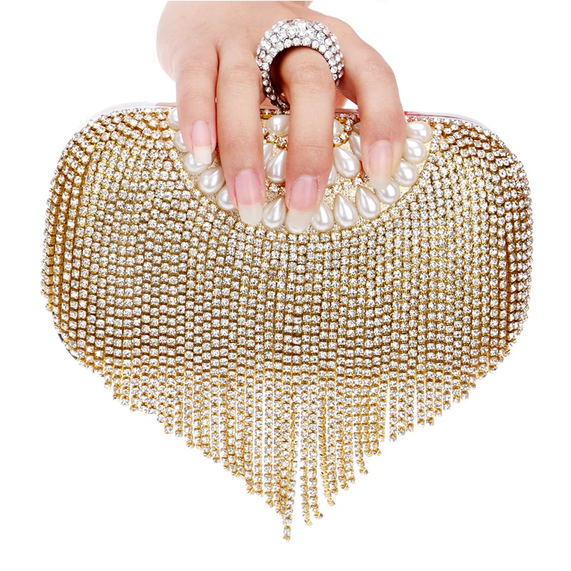 Luxy Moon Tassel Gold Rhinestone Clutch Bag Front View