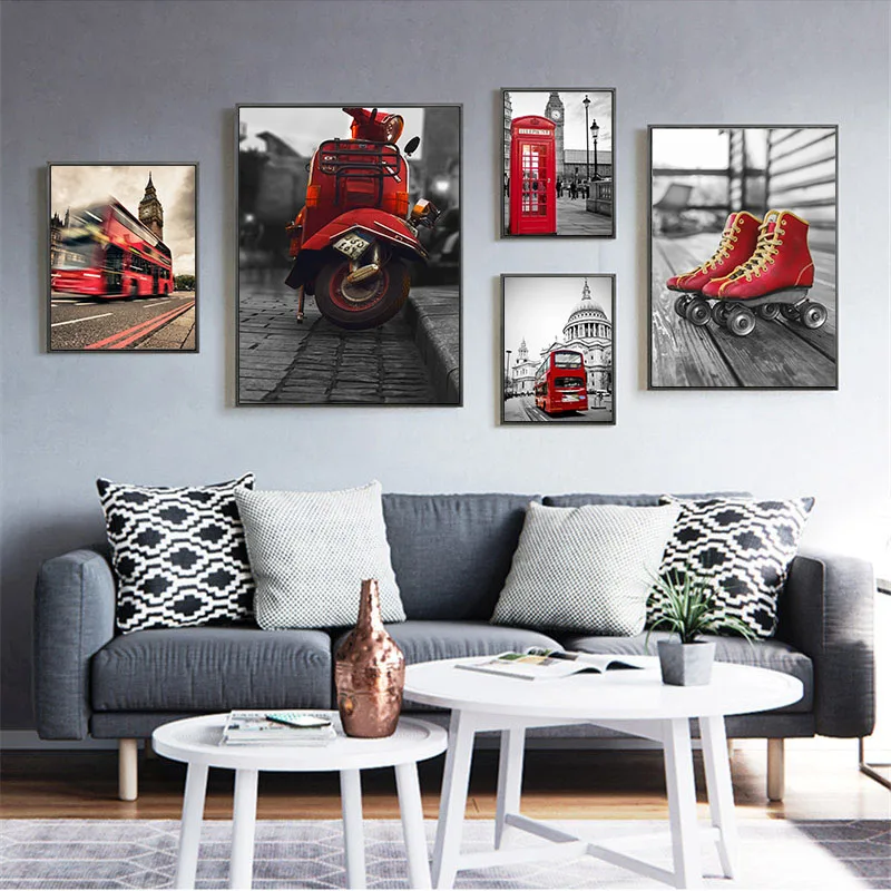 

Retro Street View Posters and Prints City Landscape Canvas Paintings Red Yellow Car Picture Building Artwork for Living Room 5PC