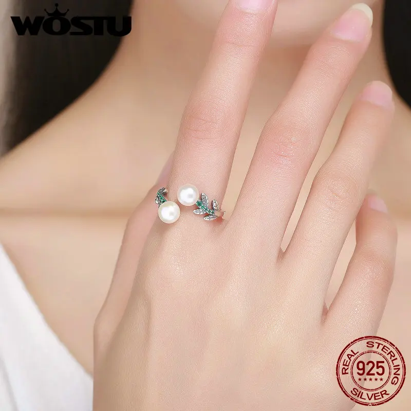 

WOSTU 925 Sterling Silver Green CZ Natural Freshwater Pearl Open Finger Ring Women Band Fresh Fine Jewelry Luxury Gift BKR250