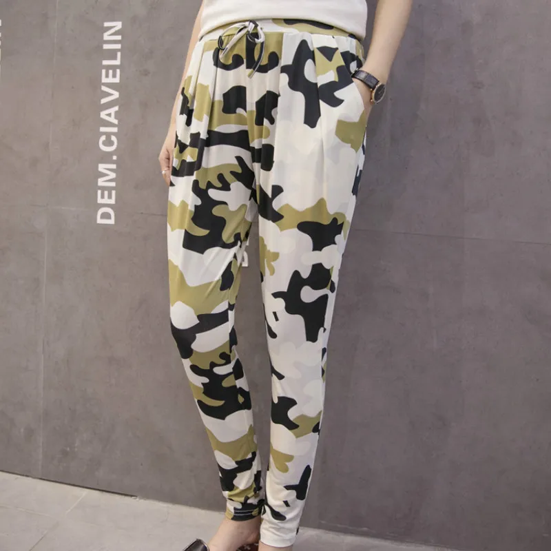 Летние шифоновые пляжные женские брюки Капри с высокой талией, женские шаровары, женские брюки, женские брюки, большие размеры - Цвет: 1801Beige camouflage