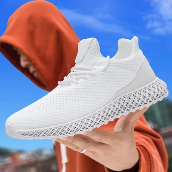 

New 4D Print Men Running Shoes Breathable Fly Line Sneakers Outdoor Sport Black White Grey Footwear Male Hollow Mesh 350