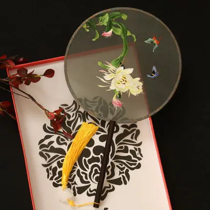 Су вышивка Шелковый веер двусторонняя ручная вышивка китайский стиль подарок веер черное дерево круглый веер - Цвет: Embroidery No.1