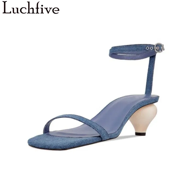 

2019 One Belt Denim Blue Sandals Women Ball Strange Heels Buty Damskie Letnie Open Toe Ankle T-strap Summer Shoes Woman