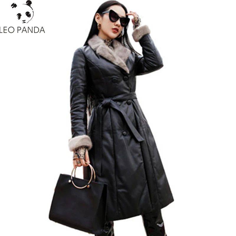 Women Genuine Leather Duck Down Coat Black Long Sheepskin Warm Plus ...